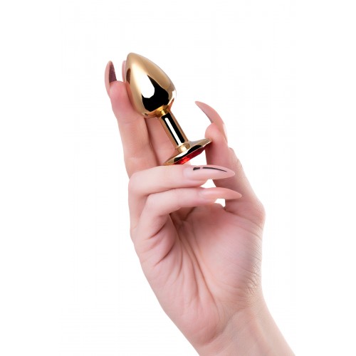 Анальный страз Штучки-дрючки, металл, золотистый, с кристаллом цвета рубин, 7 см, Ø 2,8 см, 50 г