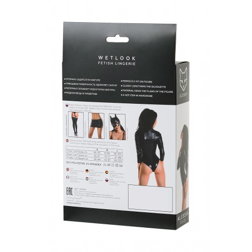 Боди Glossy Alessia из материала Wetlook на молнии, черное, S