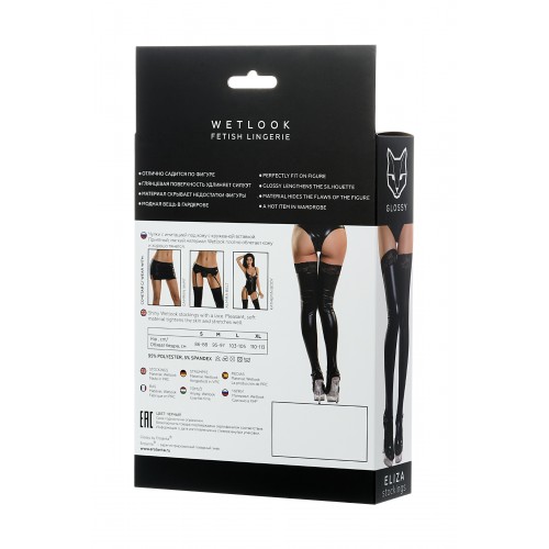 Чулки Glossy из материала Wetlook со вставкой из кружева, черный, S