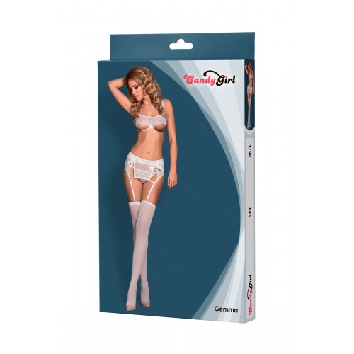 Комплект Candy Girl Gemma (бюстгальтер, пояс для чулок, трусики и чулки), белый, M/L