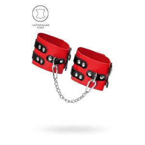 Оковы Pecado BDSM, мягкие, с двумя ремешками с люверсами, натуральная кожа, красно-чёрные (иной угол)