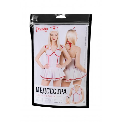 Верхняя часть костюма «Медсестра», Pecado BDSM, корсет, головной убор, бело-красный, 44