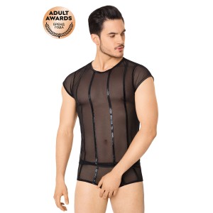 Костюм-сетка с полосками мужской SoftLine Collection (майка, шорты), черный, M/L (иной угол)