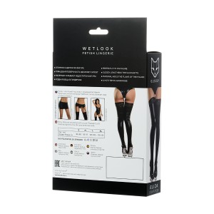 Чулки Glossy из материала Wetlook со вставкой из кружева, черный, M (иной угол)