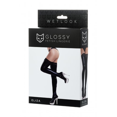 Чулки Glossy из материала Wetlook со вставкой из кружева, черный, M