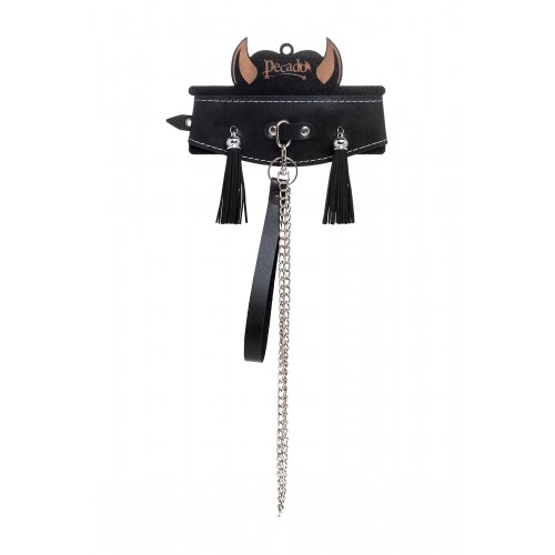 Ошейник высокий с кисточками Pecado BDSM, натуральная кожа, черный