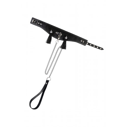 Ошейник высокий с кисточками Pecado BDSM, натуральная кожа, черный