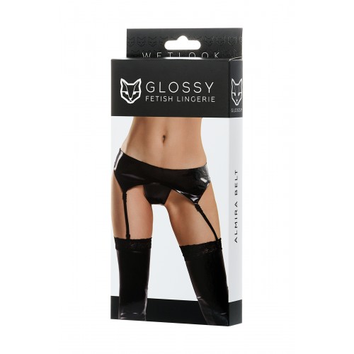 Комплект Glossy ALMIRA из материала Wetlook (пояс с пажами для чулок и трусики), черный, XL
