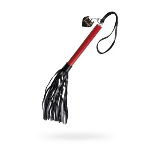 Плеть Pecado BDSM, красная рукоять, чёрные хлысты, натуральная кожа (иной угол)