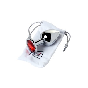 Анальная втулка Штучки-Дрючки, серебряная, с красным кристаллом 8 см, Ø 3,5 см, 80 г (иной угол)