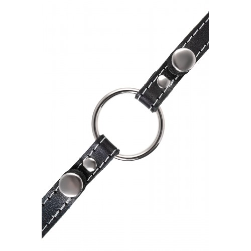 Кляп Pecado BDSM, «Кольцо 46 мм», с белой строчкой, натуральная кожа, черный