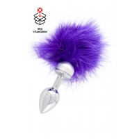 Анальная втулка с фиолетовой опушкой, металл, серебряная, 17 см, Ø 2,9 см, 165 г (в пакете)