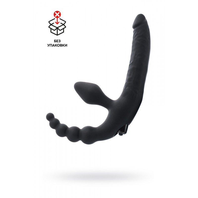 Безремневой страпон с вибропулей, силикон, черный, 35 см (в пакете)