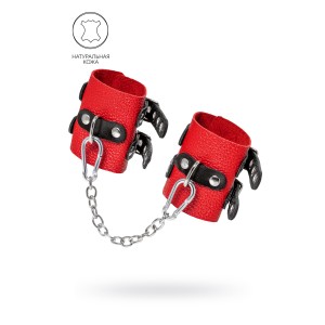 Наручники Pecado BDSM, мягкие, с двумя ремешками с люверсами, натуральная кожа, красно-чёрные (иной угол)