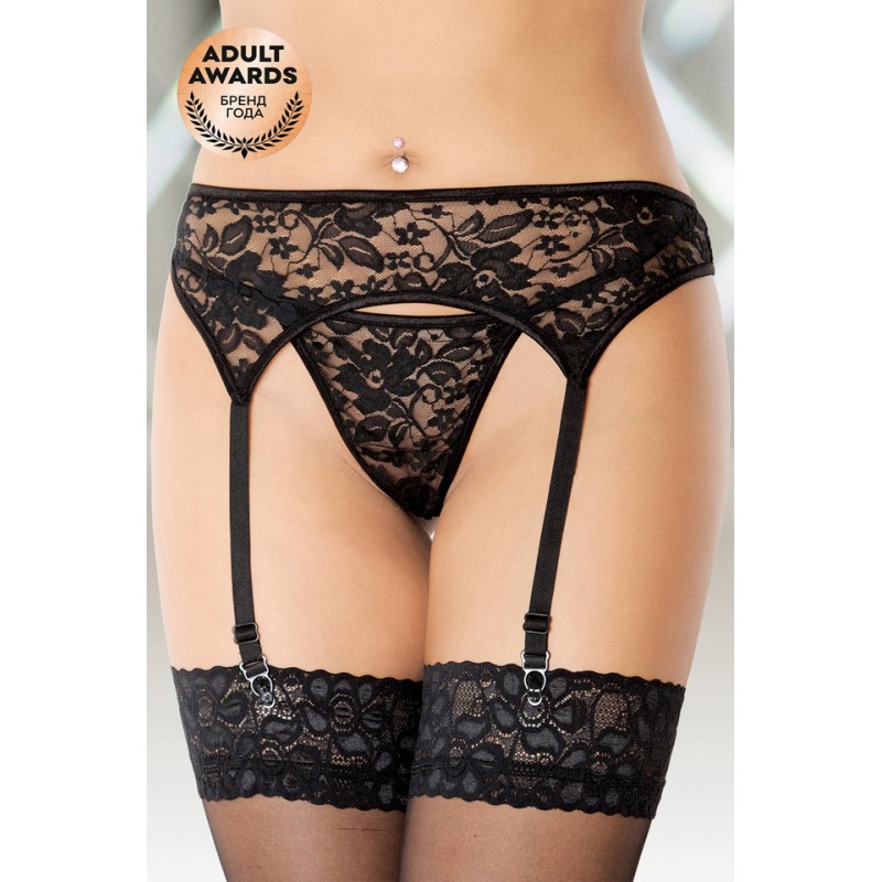 Пояс для чулок и стринги SoftLine Collection из кружева, черный, S/M