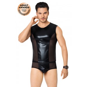 Костюм сетка + wetlook мужской SoftLine Collection (майка, шорты), чёрный, XL