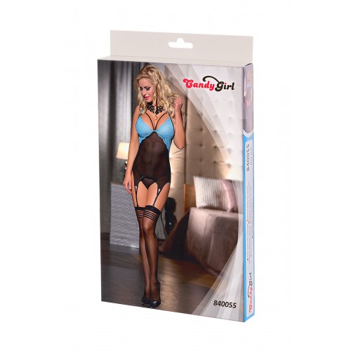 Корсет с пажами, стринги и чулки Candy Girl, черно-голубые, OS