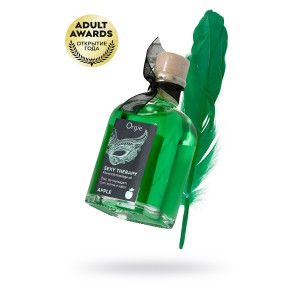 Комплект для сладких игр Orgie Lips Massage со вкусом яблока (массажное масло для поцелуев, перо и руководство), 100 мл (иной угол)