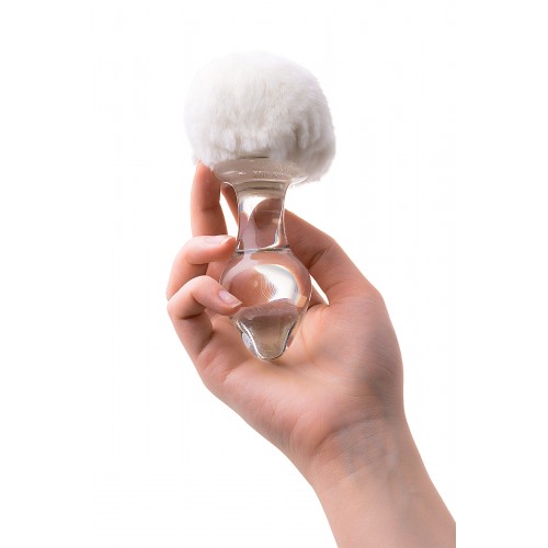Анальная втулка Sexus Glass, стекло, с белым хвостиком, прозрачная, 14 см, Ø 4 см, 165 г