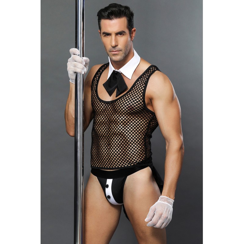 Костюм официанта Candy Boy Juan (топ, воротник с галстуком, трусы, перчатки), черно-белый, OS