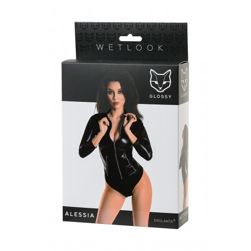 Боди Glossy Alessia из материала Wetlook на молнии, черный, M