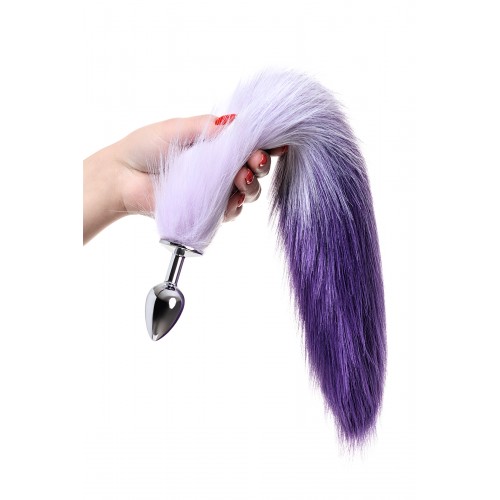 Анальная втулка Metal by TOYFA с бело-фиолетовым хвостом, металл, серебристый, 45 см, Ø 2,7 см