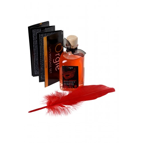 Комплект для сладких игр Orgie Lips Massage со вкусом клубники (массажное масло для поцелуев, перо и руководство), 100 мл