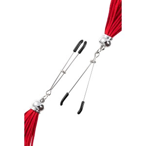 Зажимы на соски Pecado BDSM, «Вилки», с кисточками из замши, металл, красные (иной угол)