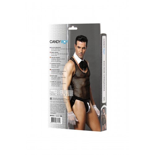 Костюм официанта Candy Boy Juan (топ, воротник с галстуком, трусы, перчатки), черно-белый, OS
