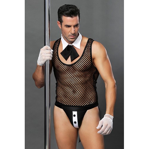 Костюм официанта Candy Boy Juan (топ, воротник с галстуком, трусы, перчатки), черно-белый, OS