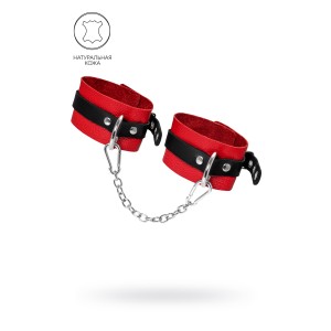 Оковы Pecado BDSM, мягкие, с одним ремешком с люверсами, натуральная кожа, красно-чёрные (иной угол)
