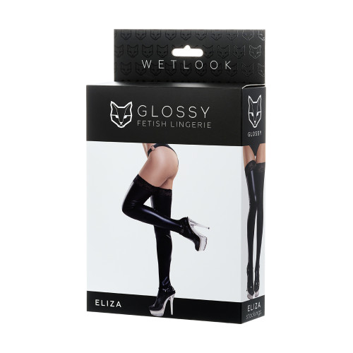 Чулки Glossy ELIZA из материала Wetlook со вставкой из кружева, черный, XL