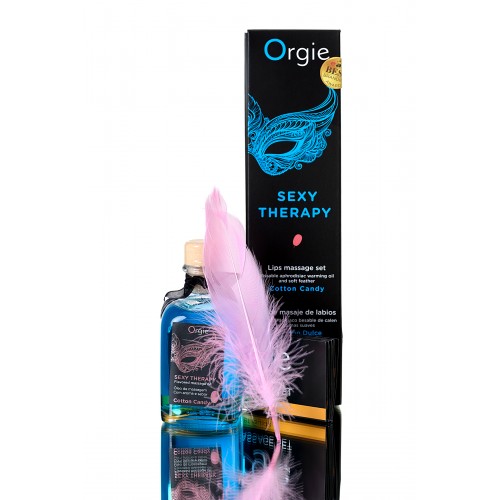 Комплект для сладких игр Orgie Lips Massage со вкусом сахарной ваты (массажное масло для поцелуев, перо и руководство), 100 мл