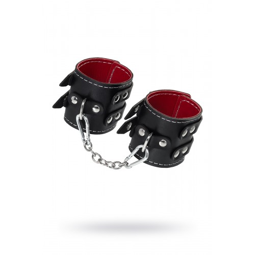 Наручники с двумя ремнями и красной подкладкой Pecado BDSM, натуральная кожа, черные