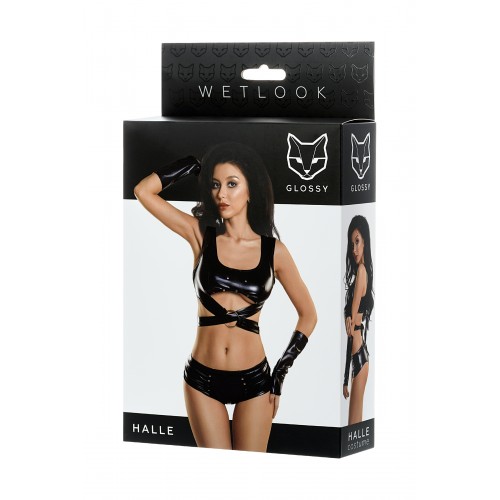 Комплект Glossy HALLE из материала Wetlook (топ, мини-шорты и перчатки), черный, L