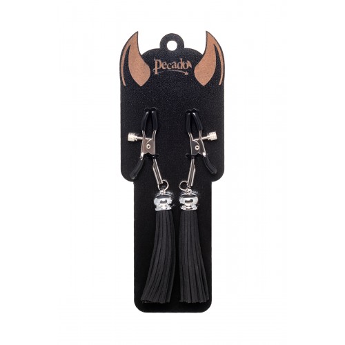 Зажимы на соски Pecado BDSM, «Вилки», с кисточками из замши, металл, черные