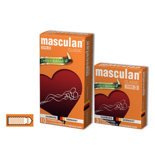 Презервативы Masculan Classic 3 , 3 шт.  С колечками и пупырышками (Dotty+Ribbed)  ШТ