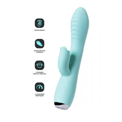 Вибратор с клиторальным стимулятором и язычком, JOS MILO, силикон, мятный, 20 см