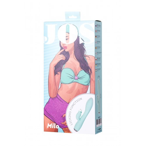 Вибратор с клиторальным стимулятором и язычком, JOS MILO, силикон, мятный, 20 см