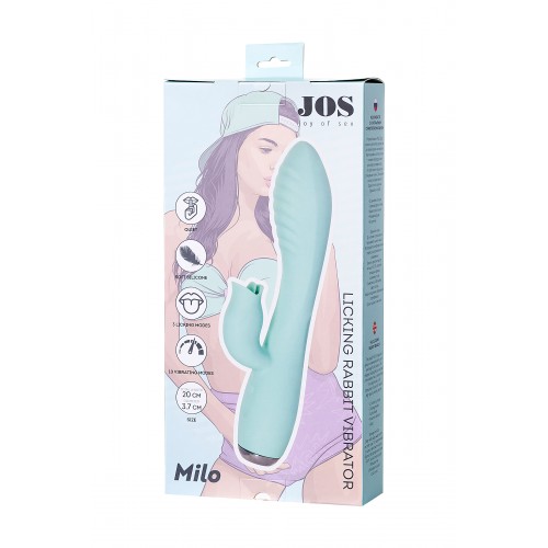 Вибратор с клиторальным стимулятором и язычком, JOS MILO, силикон, мятный, 20 см