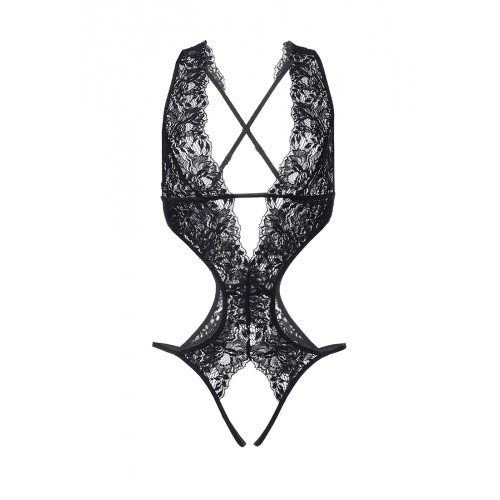 Эротическое боди Erolanta Lingerie Collection с глубоким декольте, кружевное, черное (50-52)
