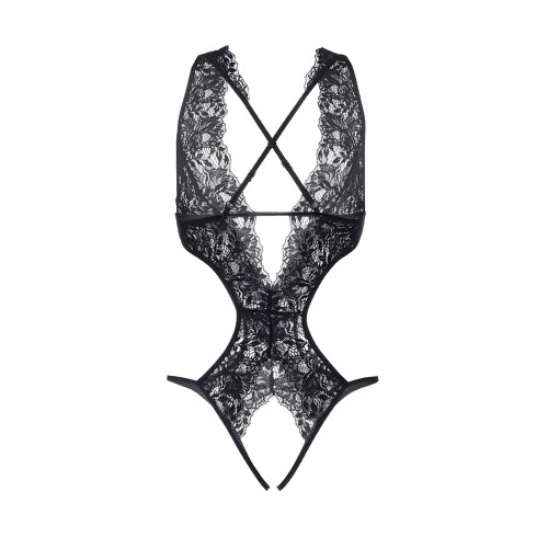 Эротическое боди Erolanta Lingerie Collection с глубоким декольте, кружевное, черное (50-52)