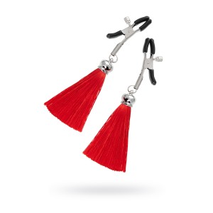 Зажимы на соски Pecado BDSM, «Прищепки», с кисточками из шелка, металл, красные (иной угол)