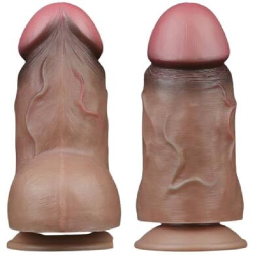 Толстый реалистичный фаллоимитатор-мулат на присоске с мошонкой Lovetoy Silicone Cock 18 см