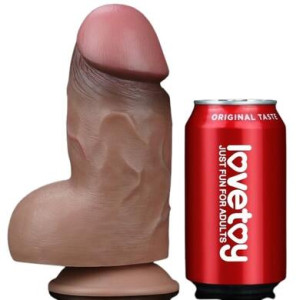 Толстый реалистичный фаллоимитатор-мулат на присоске с мошонкой Lovetoy Silicone Cock 18 см (иной угол)