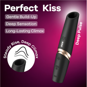 Бесконтактный вакуумный стимулятор клитора золотисто-черный Perfect Kiss Satisfyer (иной угол)