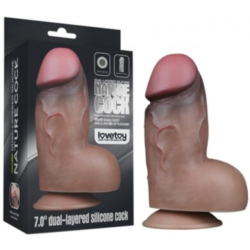Толстый реалистичный фаллоимитатор-мулат на присоске с мошонкой Lovetoy Silicone Cock 18 см