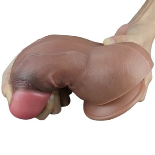 Толстый реалистичный фаллоимитатор-мулат на присоске с мошонкой Lovetoy Silicone Cock 18 см