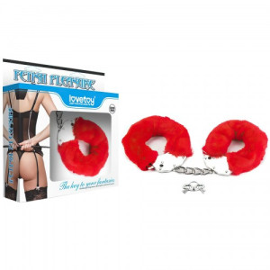 Красные металлические наручники с мехом Fetish Pleasure
