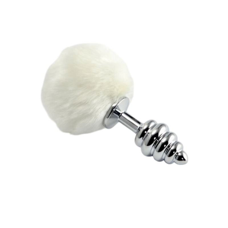 Анальная пробка металлическая, ребристая с белым хвостиком Bunny Tail Plug